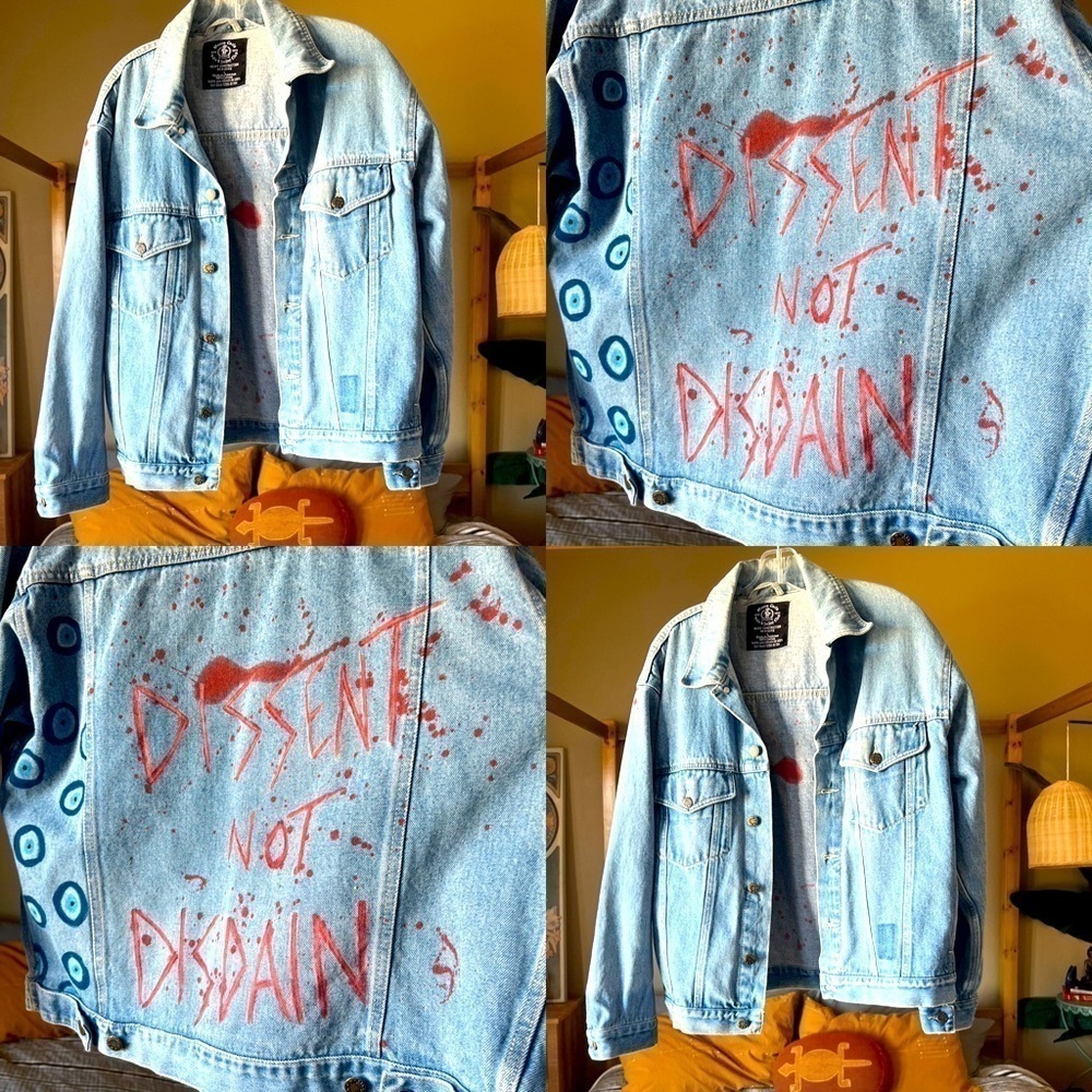 Rad Hand Painted Denim Jacket - Oversized Jean Jacket - size L